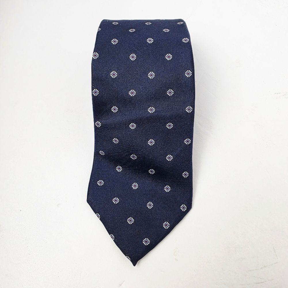 Christian Dior Vintage Geometric Silk Necktie Mens Navy Blue White